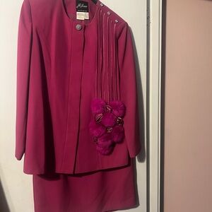 Milano Magenta Skirt Suit with Pom Pom Accents